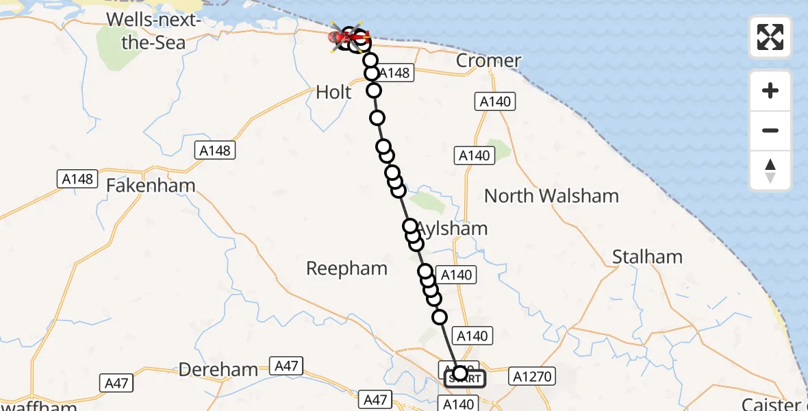 Flight route Air Ambulance Helicopter Norwich Airport - North Norfolk, 19 September 2026, 19:24
