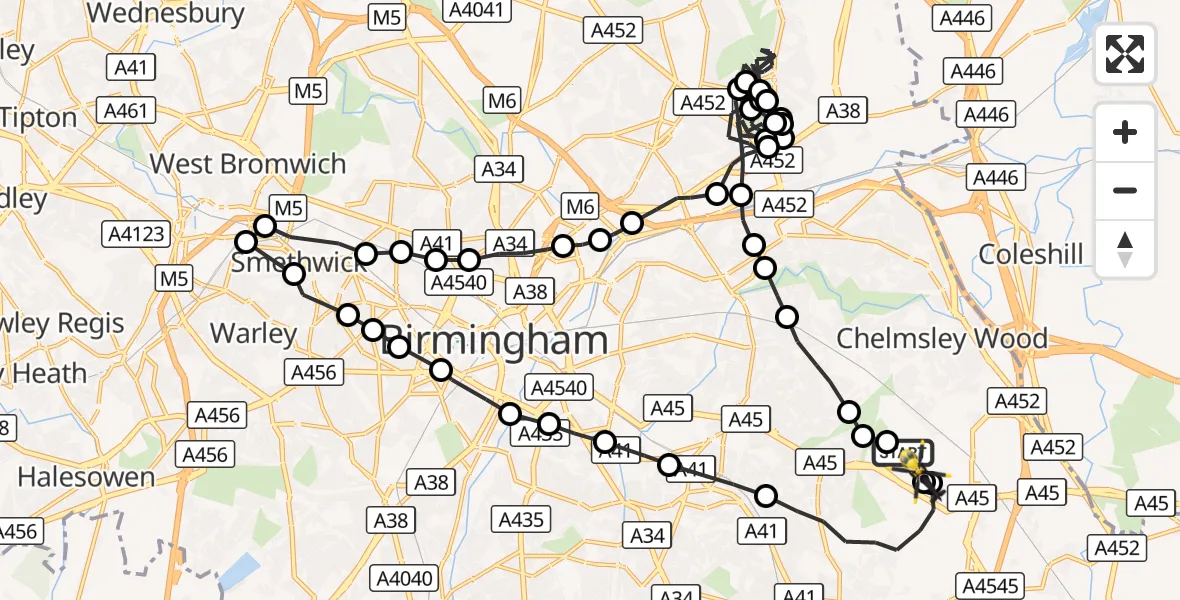 Flight route Police Helicopter Birmingham Airport - Birmingham Airport, 19 September 2026, 19:48