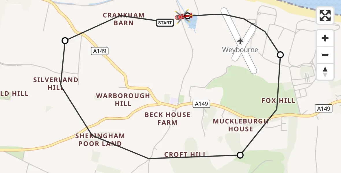 Flight route Air Ambulance Helicopter North Norfolk - North Norfolk, 19 September 2026, 19:51