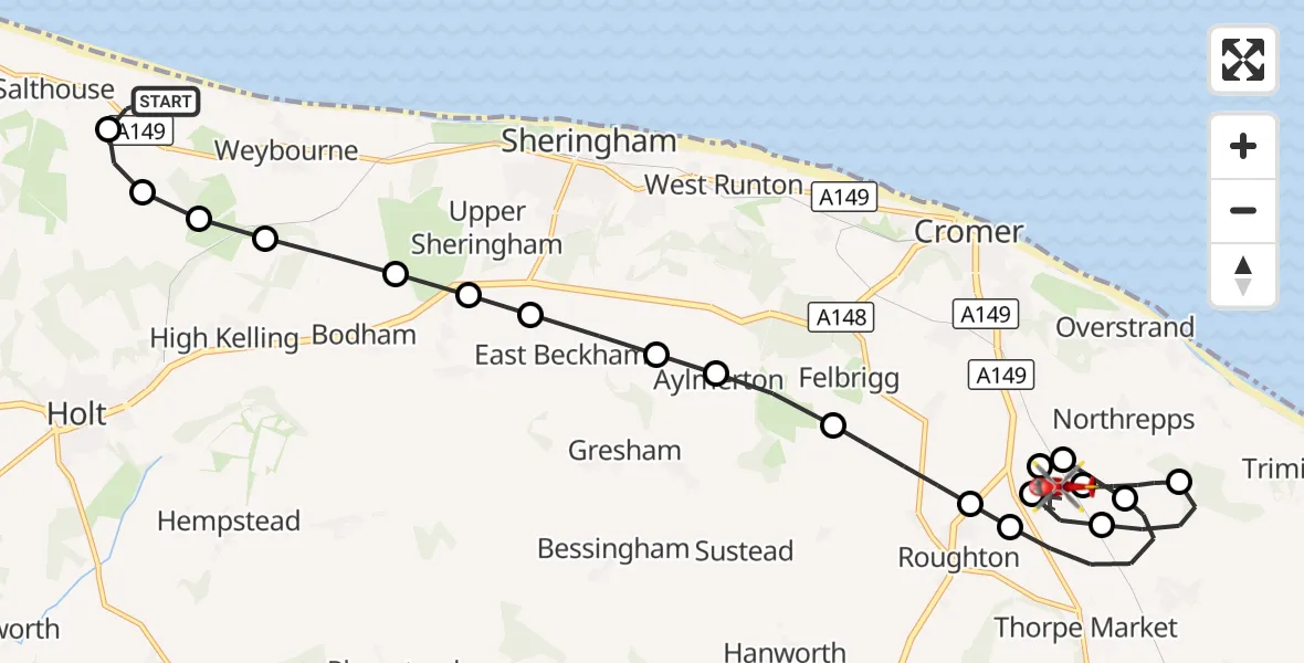 Flight route Air Ambulance Helicopter North Norfolk - Northrepps Aerodrome, 19 September 2026, 20:10