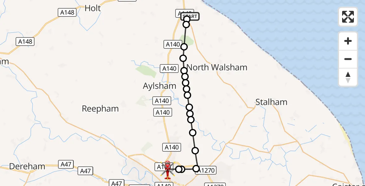 Flight route Air Ambulance Helicopter Northrepps Aerodrome - Norwich Airport, 19 September 2026, 20:26