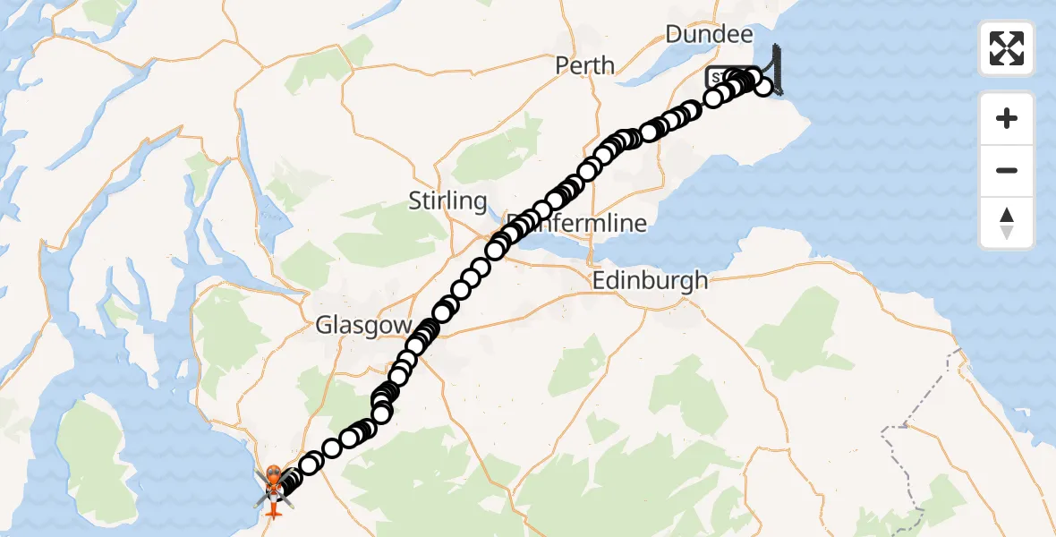 Flight route Coastguard Helicopter Leuchars Station Airfield - Glasgow Prestwick Airport, 19 September 2026, 20:41