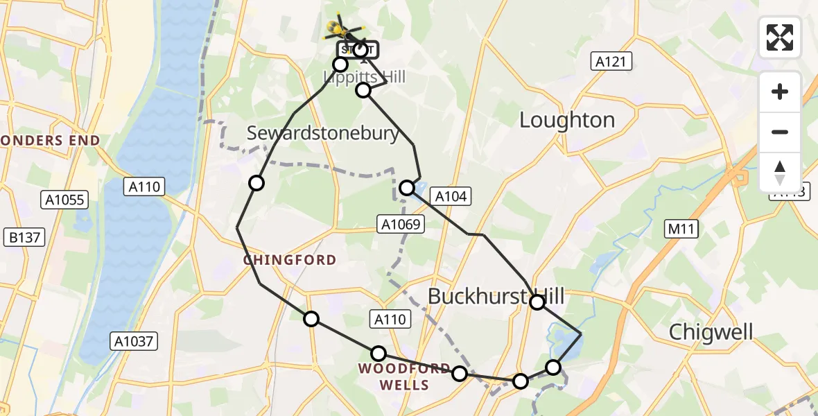Flight route Police Helicopter Metropolitan Police Air Support Unit Lippitts Hill - Epping Forest, 19 September 2026, 21:54