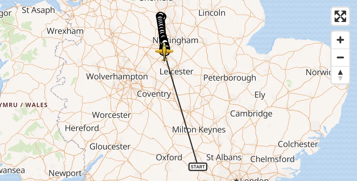 Flight route Police Aircraft Naphill - East Midlands Airport, 19 September 2026, 22:09