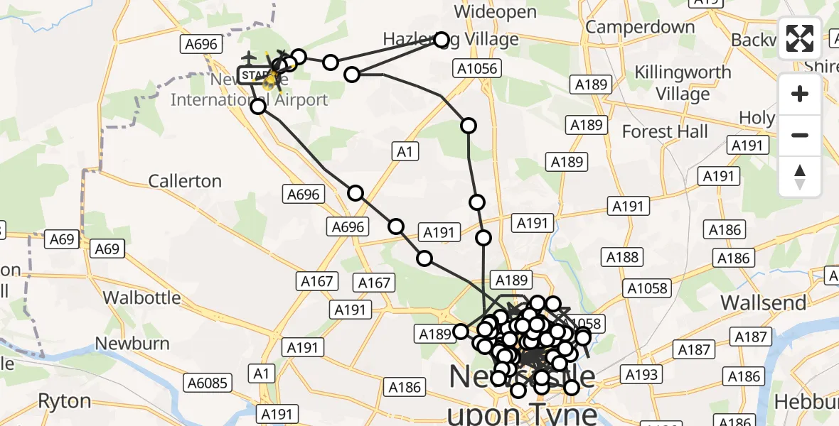 Flight route Police Helicopter Newcastle International Airport - Newcastle International Airport, 19 September 2026, 23:50