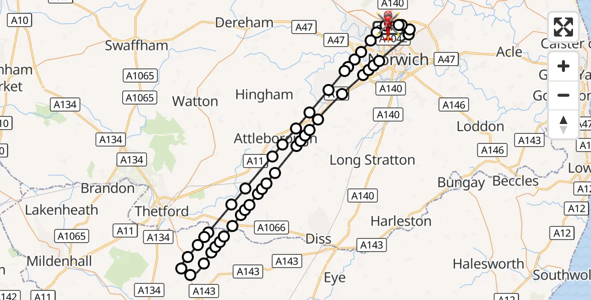 Flight route Air Ambulance Helicopter Norwich Airport - Norwich Airport, 20 September 2026, 00:14