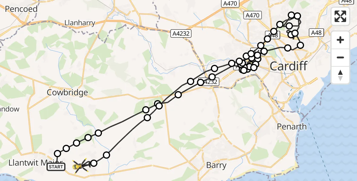 Flight route Police Helicopter Boverton - MOD St Athan, 20 September 2026, 00:47