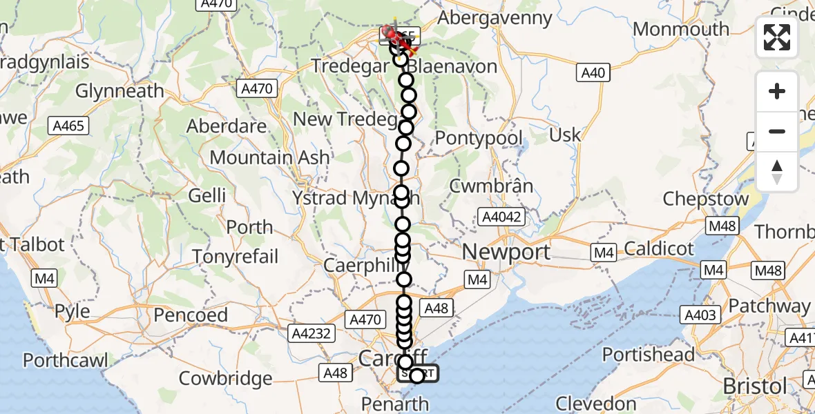 Flight route Air Ambulance Helicopter Cardiff Heliport - Brynmawr, 20 September 2026, 04:42