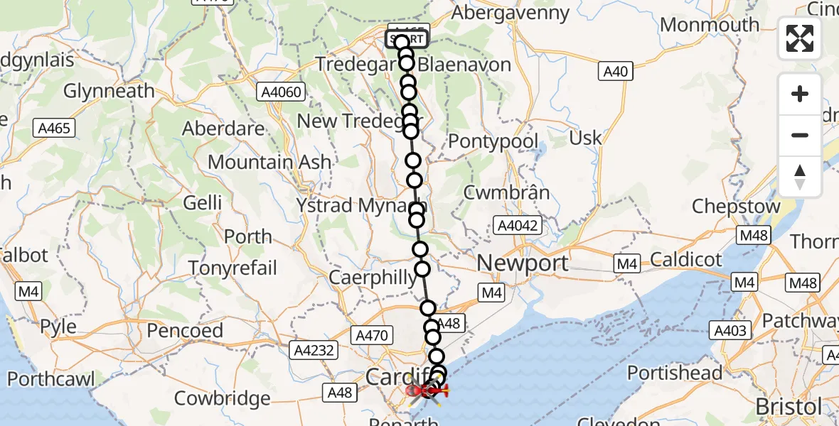 Flight route Air Ambulance Helicopter Brynmawr - Cardiff Heliport, 20 September 2026, 06:00