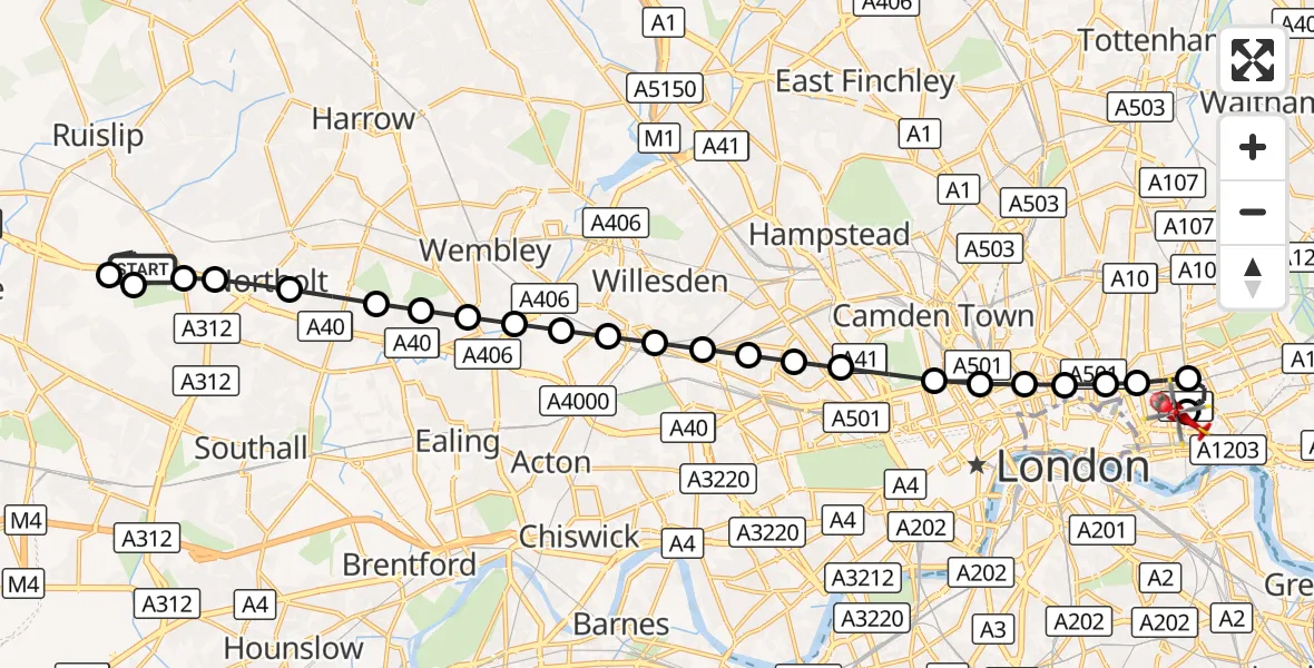 Flight route Air Ambulance Helicopter RAF Northolt - Royal London Hospital, 20 September 2026, 06:53