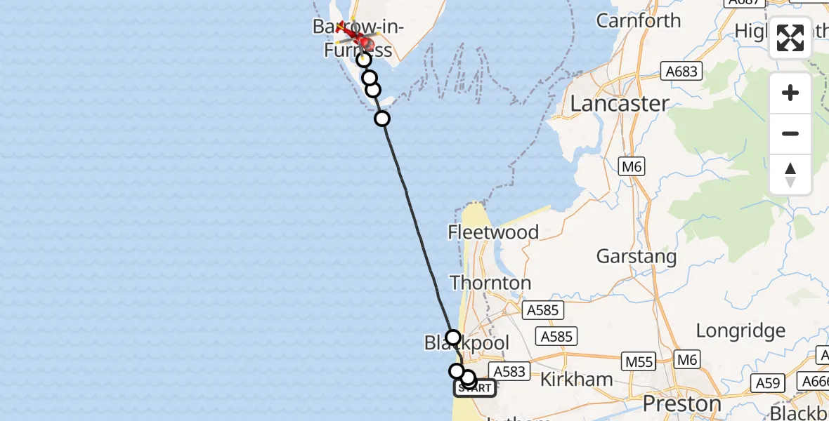 Flight route Air Ambulance Helicopter Blackpool Airport - Barrow-in-Furness, 20 September 2026, 08:36