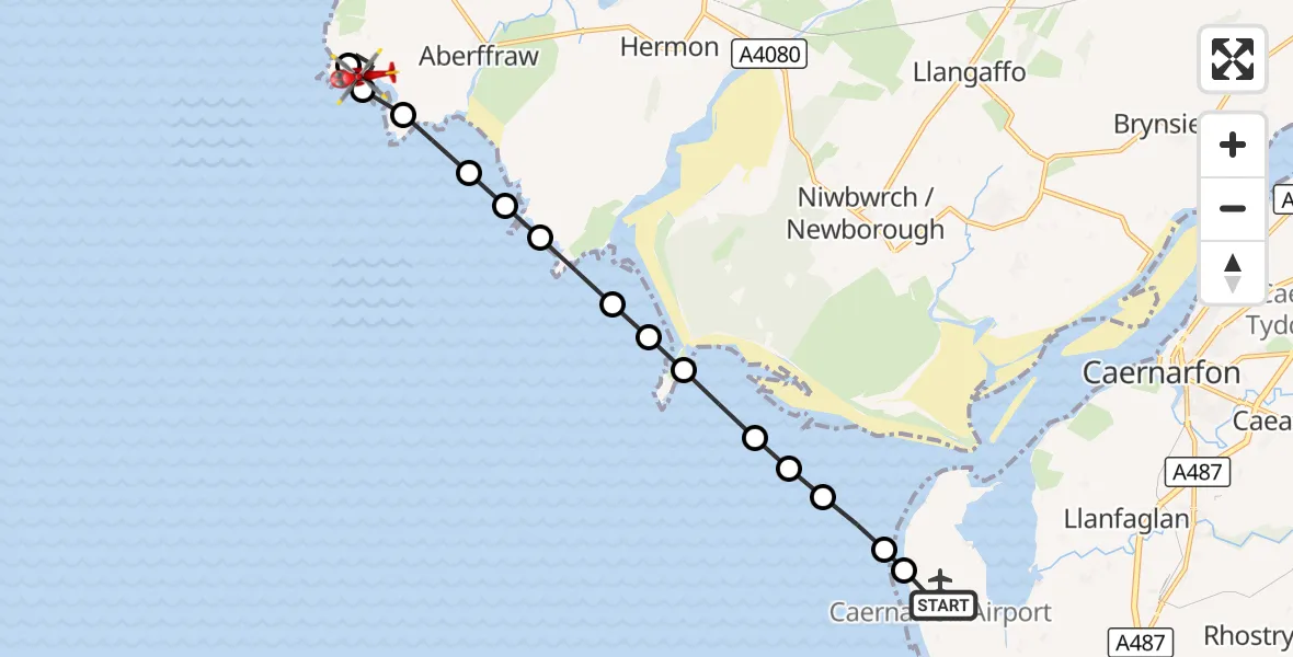 Flight route Air Ambulance Helicopter Caernarfon Airport - Aberffraw, 20 September 2026, 08:52