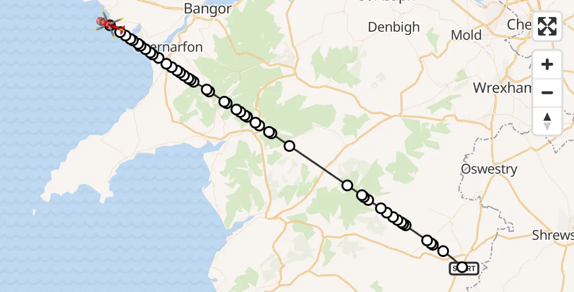 Flight route Air Ambulance Helicopter Welshpool Airport - Aberffraw, 20 September 2026, 09:00