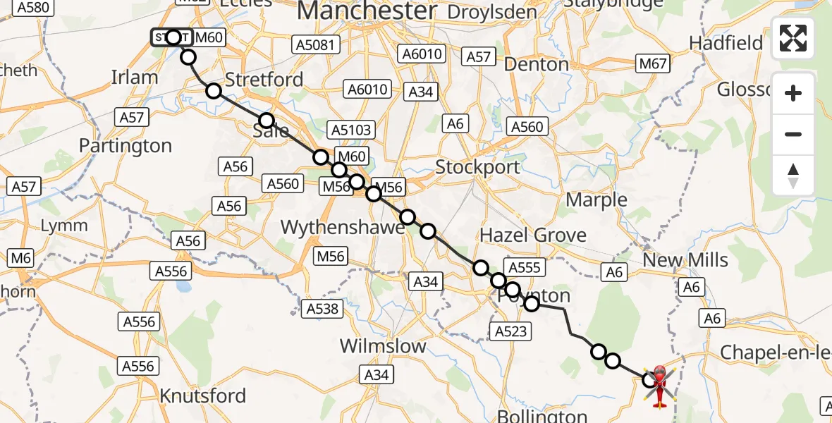 Flight route Air Ambulance Helicopter Manchester Barton Aerodrome - Kettleshulme, 20 September 2026, 09:00