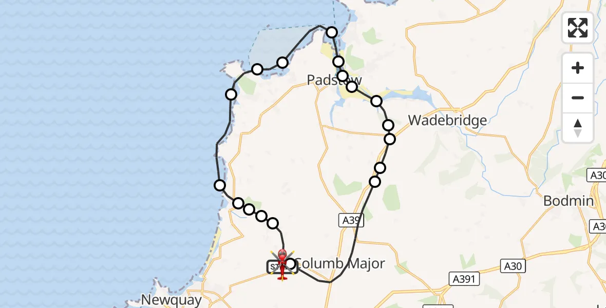 Flight route Air Ambulance Helicopter Cornwall Airport Newquay - Cornwall Airport Newquay, 20 September 2026, 09:12