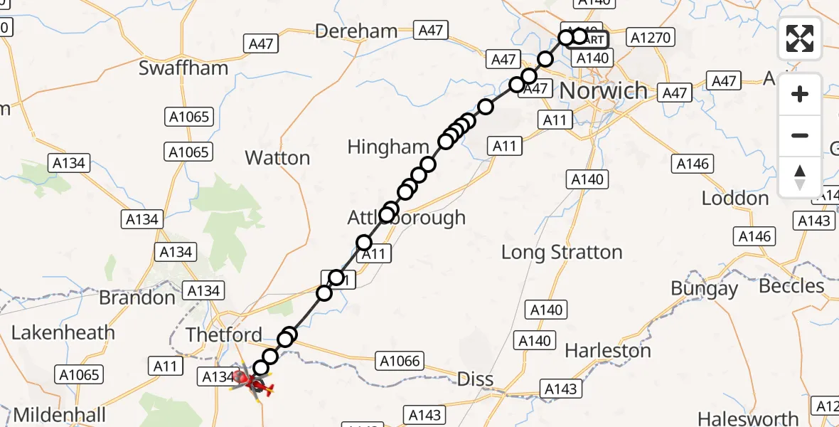 Flight route Air Ambulance Helicopter Norwich Airport - Euston, 20 September 2026, 09:24
