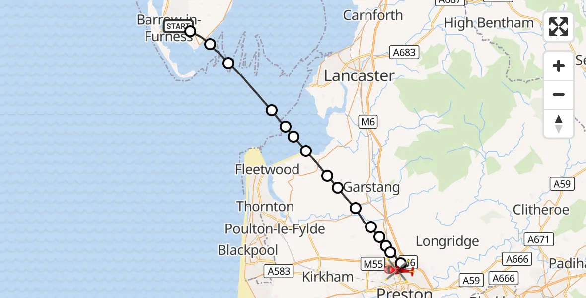 Flight route Air Ambulance Helicopter Barrow-in-Furness - Preston, 20 September 2026, 09:31