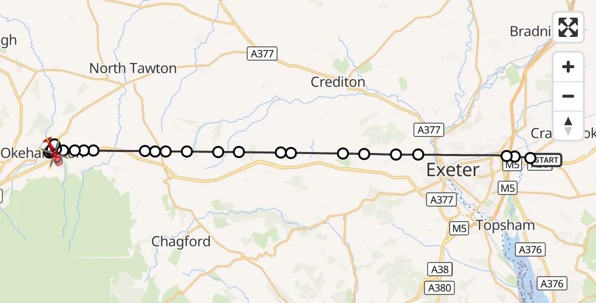 Flight route Air Ambulance Helicopter Exeter International Airport - West Devon, 20 September 2026, 09:49
