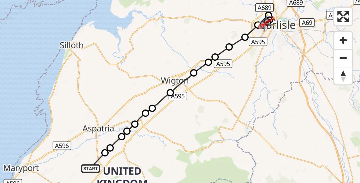 Flight route Air Ambulance Helicopter Blindcrake - Carlisle General, 20 September 2026, 09:51