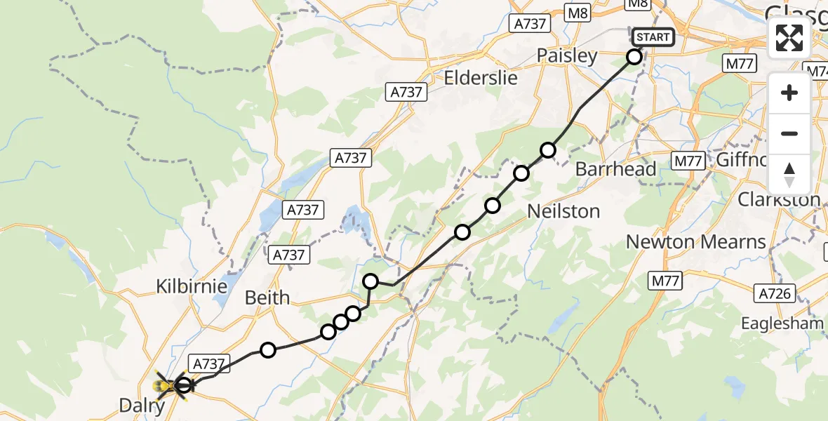 Flight route Police Helicopter Glasgow - Dalry, 20 September 2026, 09:54