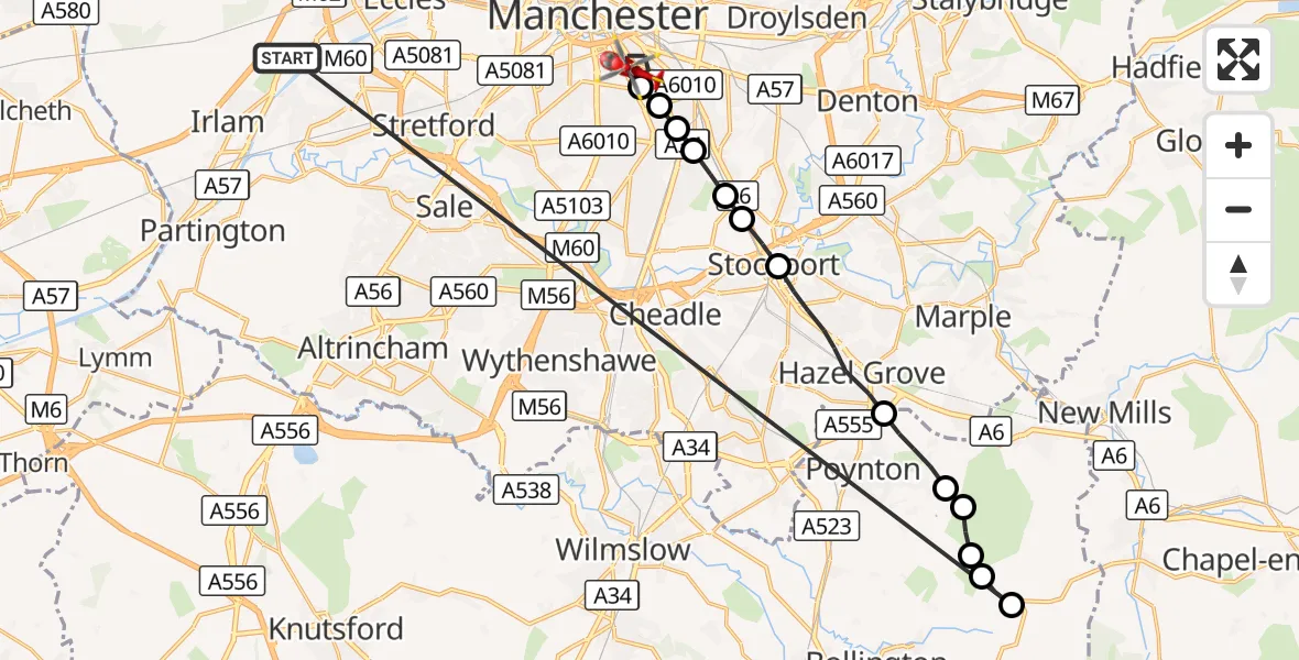 Flight route Air Ambulance Helicopter Manchester Barton Aerodrome - Chorlton-on-Medlock, 20 September 2026, 09:56