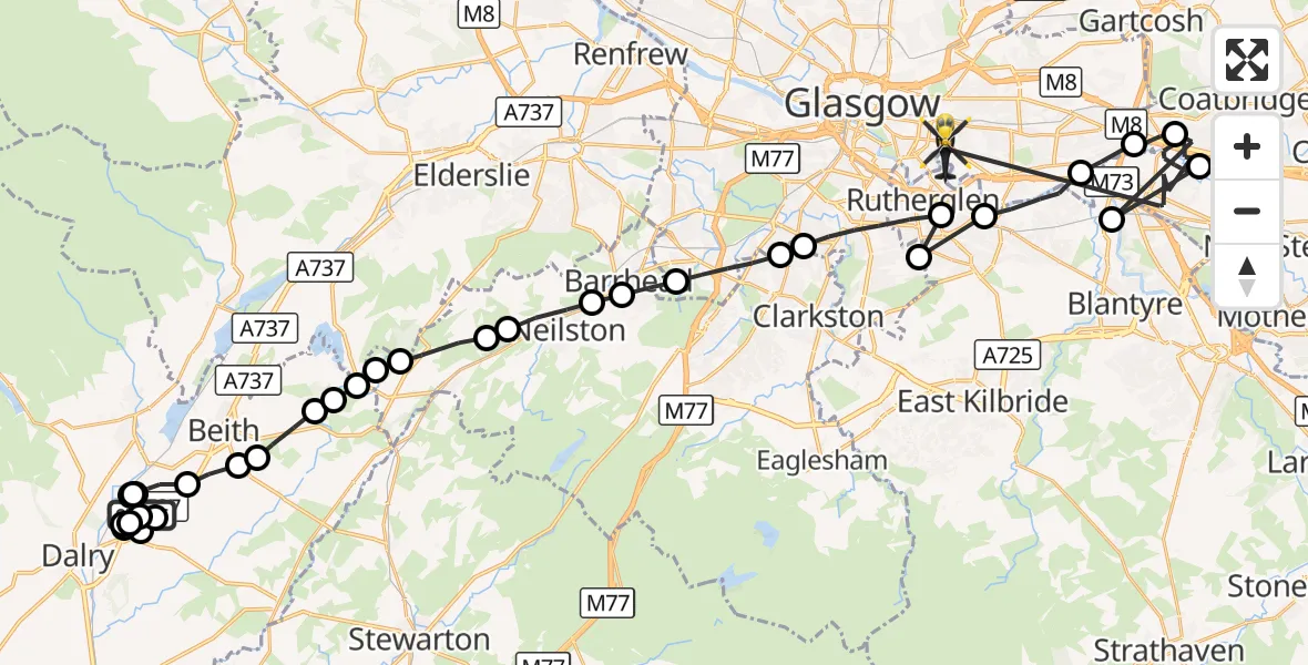 Flight route Police Helicopter Dalry - Glasgow, 20 September 2026, 10:06