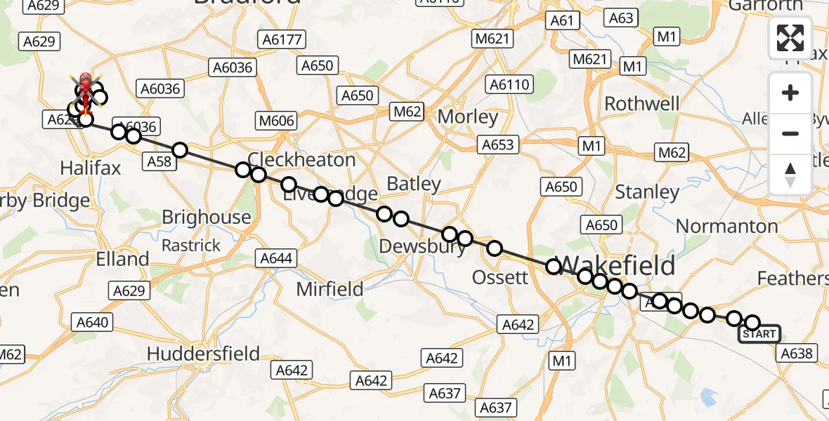 Flight route Air Ambulance Helicopter YAA Nostell Helicopter Port - Halifax, 20 September 2026, 10:13