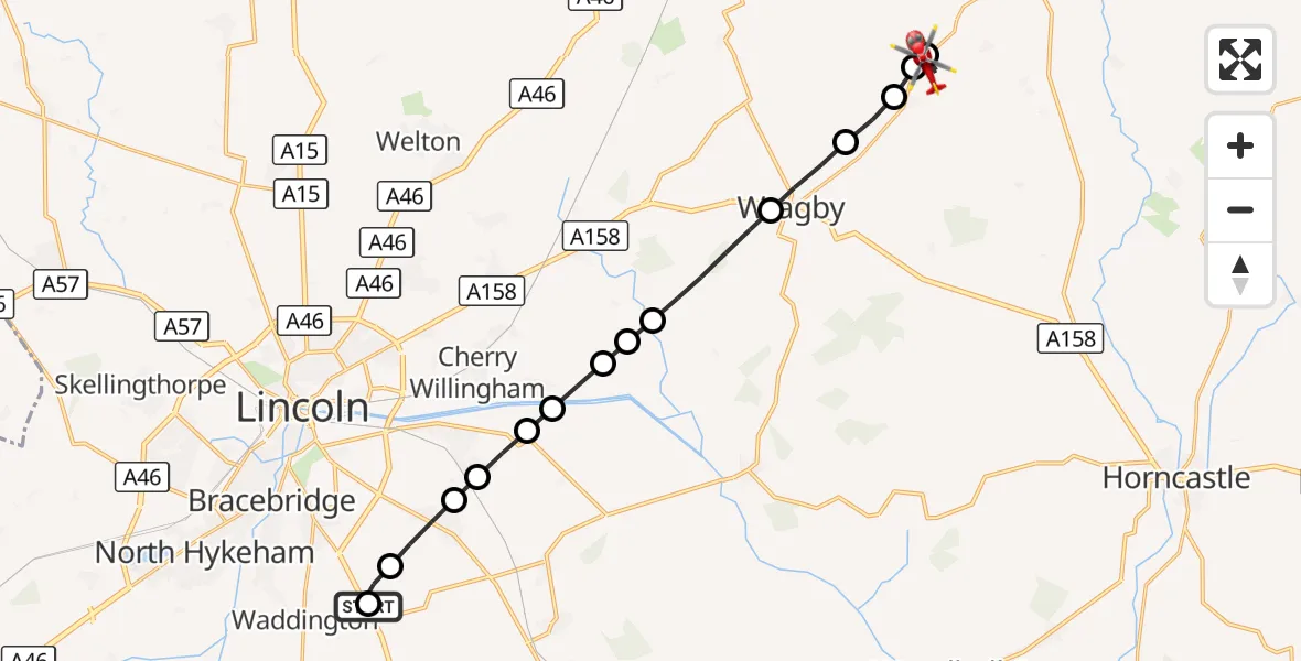 Flight route Air Ambulance Helicopter RAF Waddington - South Willingham, 20 September 2026, 10:14