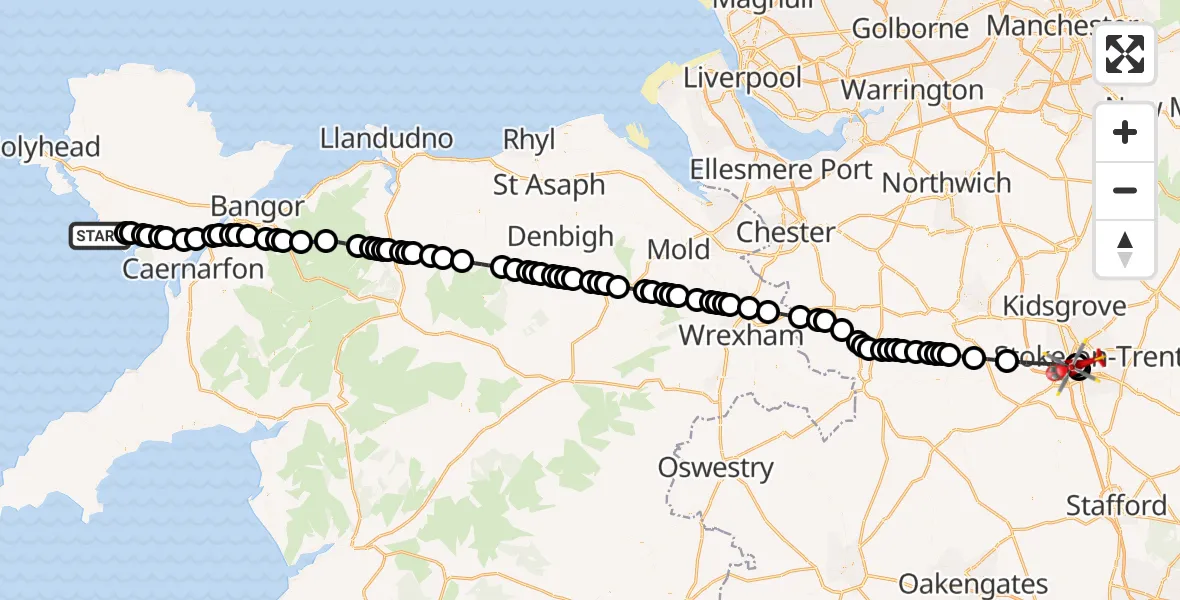 Flight route Air Ambulance Helicopter Aberffraw - University Hospital North Staffs, 20 September 2026, 10:17