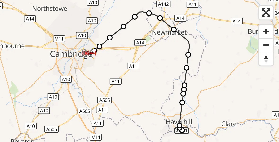 Flight route Air Ambulance Helicopter Braintree - Cambridge City Airport, 20 September 2026, 10:24