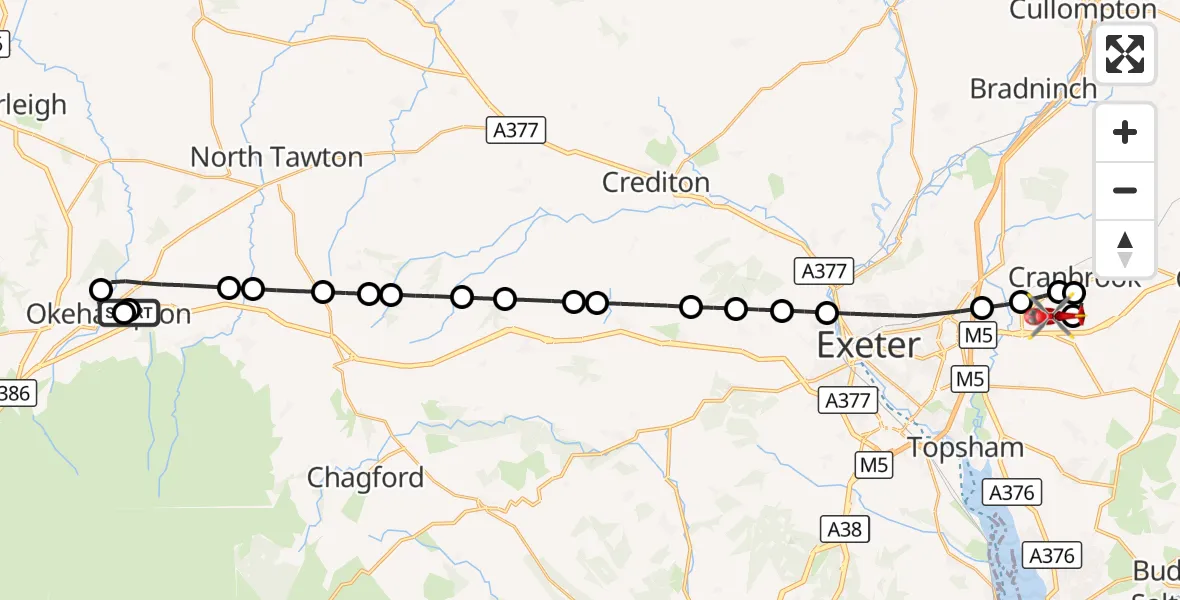 Flight route Air Ambulance Helicopter Okehampton - Exeter International Airport, 20 September 2026, 10:27