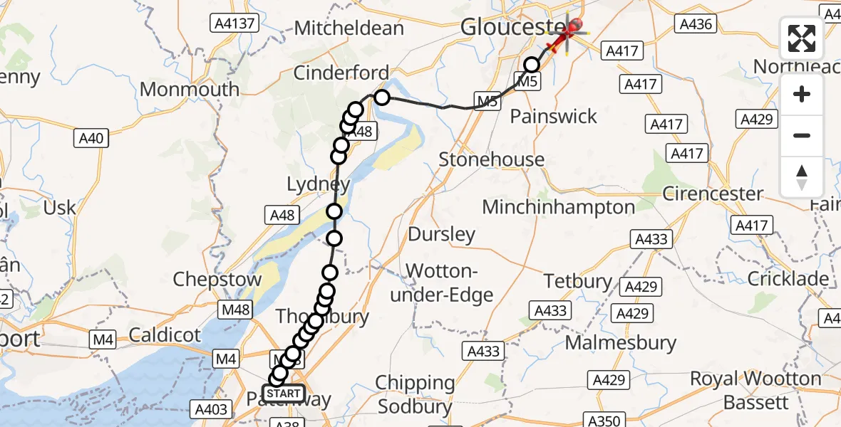Flight route Air Ambulance Helicopter Patchway - Tewkesbury, 20 September 2026, 10:36