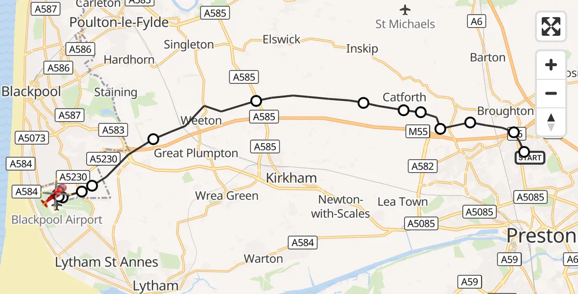 Flight route Air Ambulance Helicopter Royal Preston - Blackpool Airport, 20 September 2026, 10:41