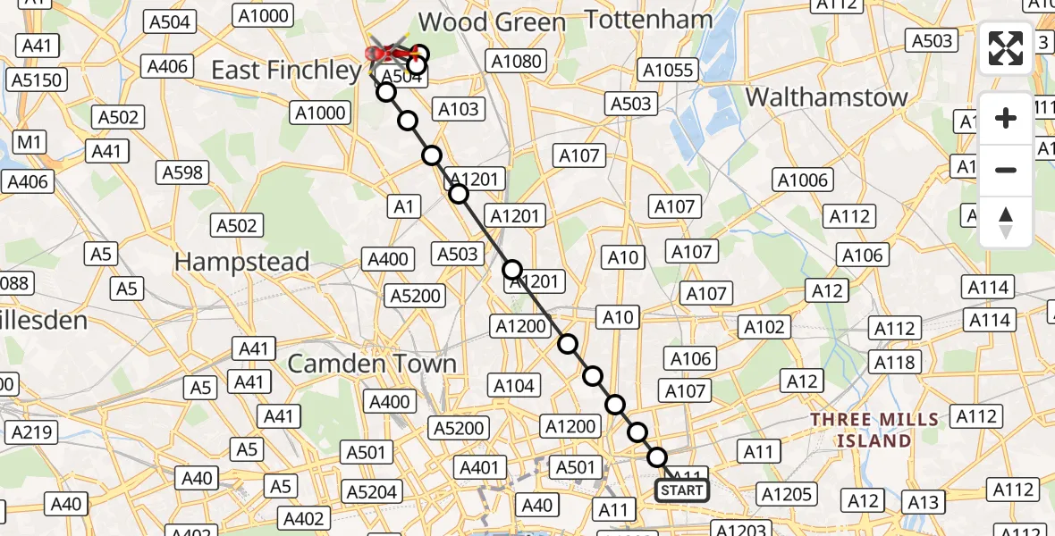 Flight route Air Ambulance Helicopter Royal London Hospital - Muswell Hill, 20 September 2026, 10:44