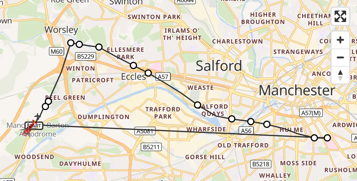 Flight route Air Ambulance Helicopter Manchester Barton Aerodrome - Irlam, 20 September 2026, 10:44