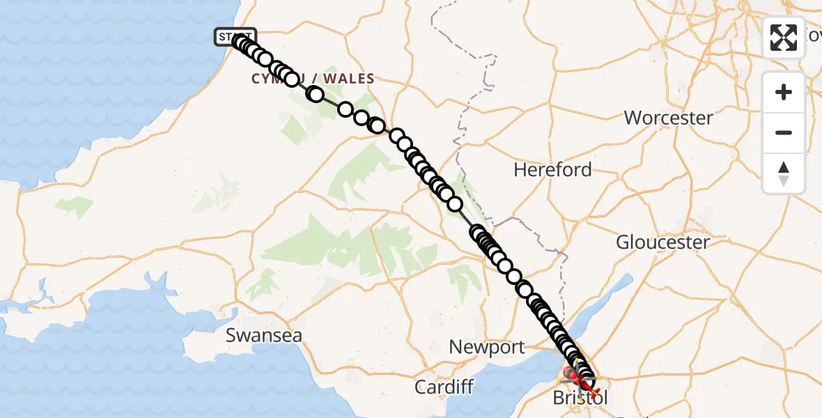 Flight route Air Ambulance Helicopter Penparcau - Bristol, 20 September 2026, 10:57