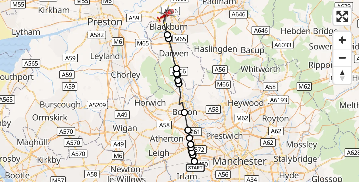 Flight route Air Ambulance Helicopter Manchester Barton Aerodrome - Blackburn, 20 September 2026, 11:05
