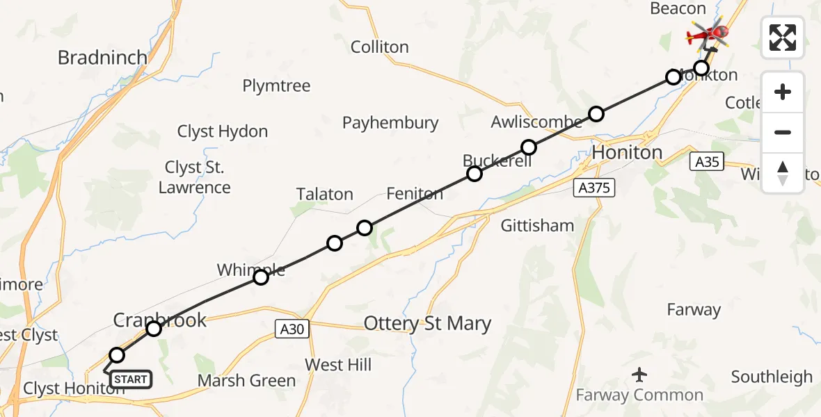 Flight route Air Ambulance Helicopter Exeter International Airport - Monkton, 20 September 2026, 11:07