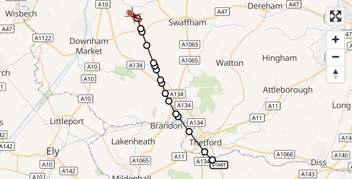 Flight route Air Ambulance Helicopter Euston - Marham, 20 September 2026, 11:10