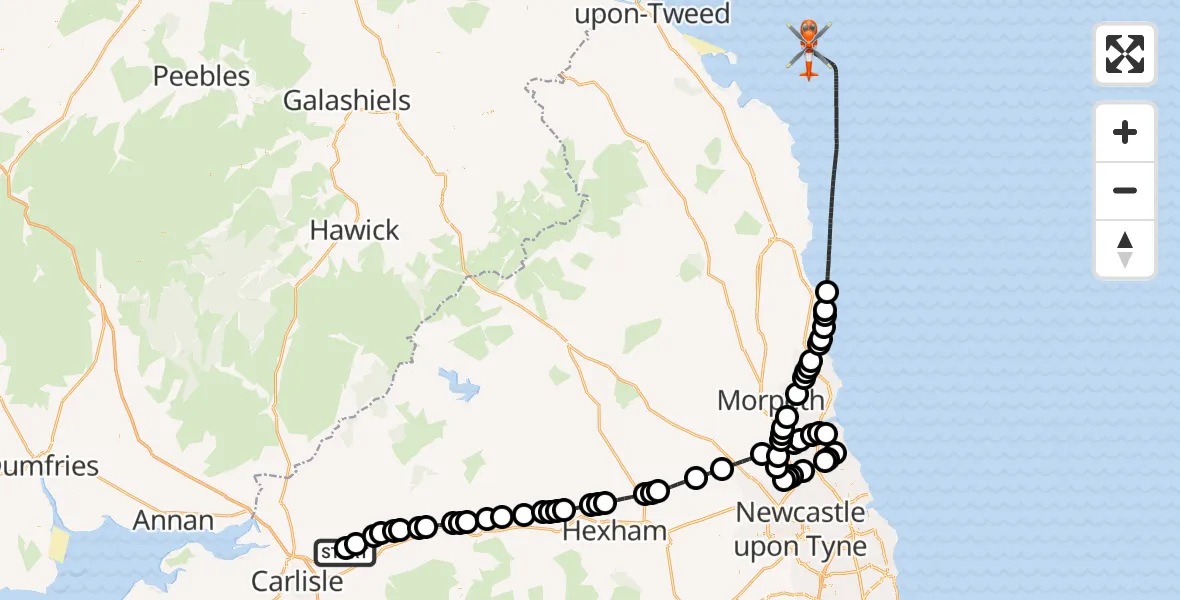 Flight route Coastguard Helicopter Carlisle Lake District Airport - North Sea, 20 September 2026, 11:20