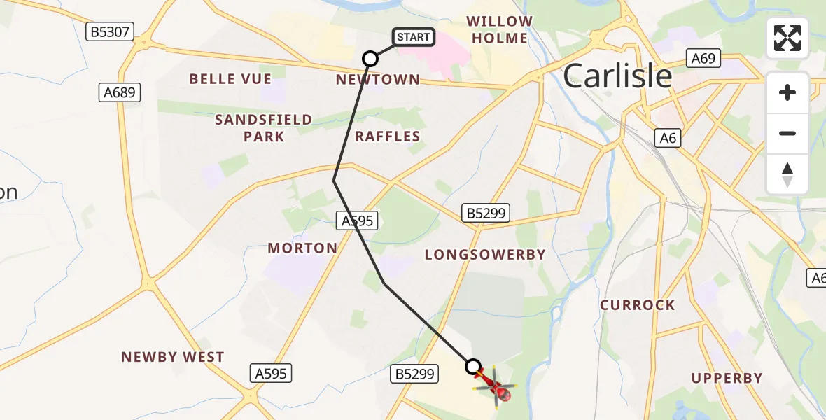 Flight route Air Ambulance Helicopter Carlisle General - Blackwell, 20 September 2026, 11:21