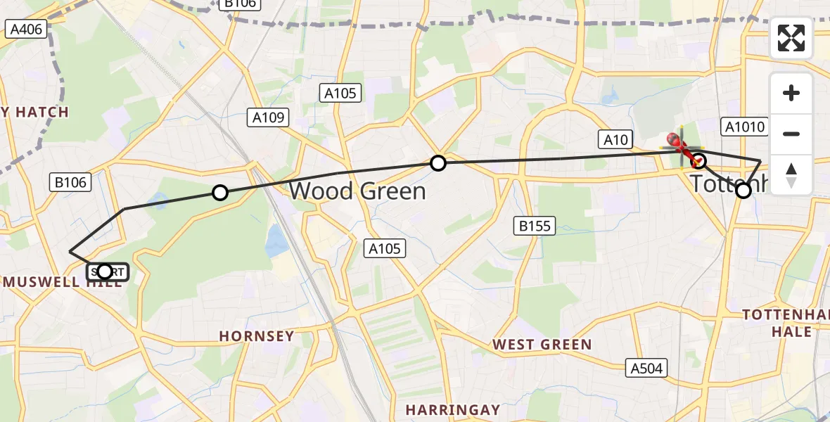 Flight route Air Ambulance Helicopter Muswell Hill - Haringey, 20 September 2026, 11:22