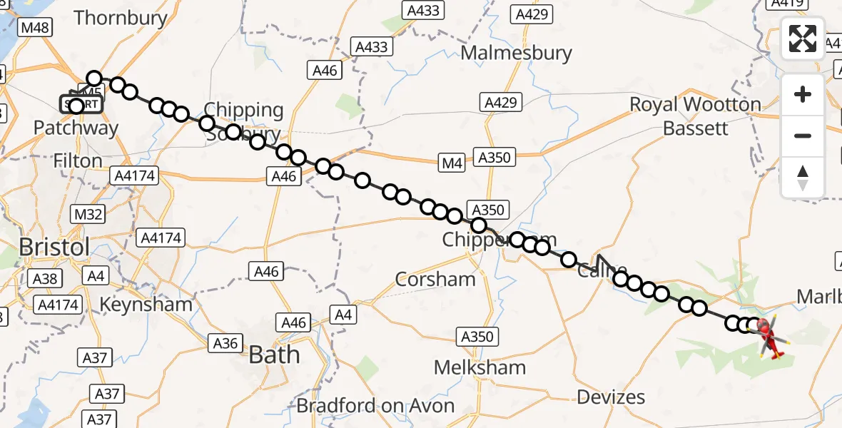 Flight route Air Ambulance Helicopter Bristol - East Kennett, 20 September 2026, 11:25