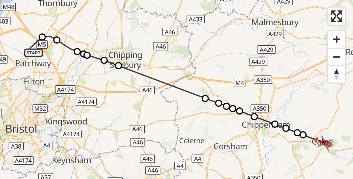 Flight route Air Ambulance Helicopter Almondsbury - Calne, 20 September 2026, 11:25