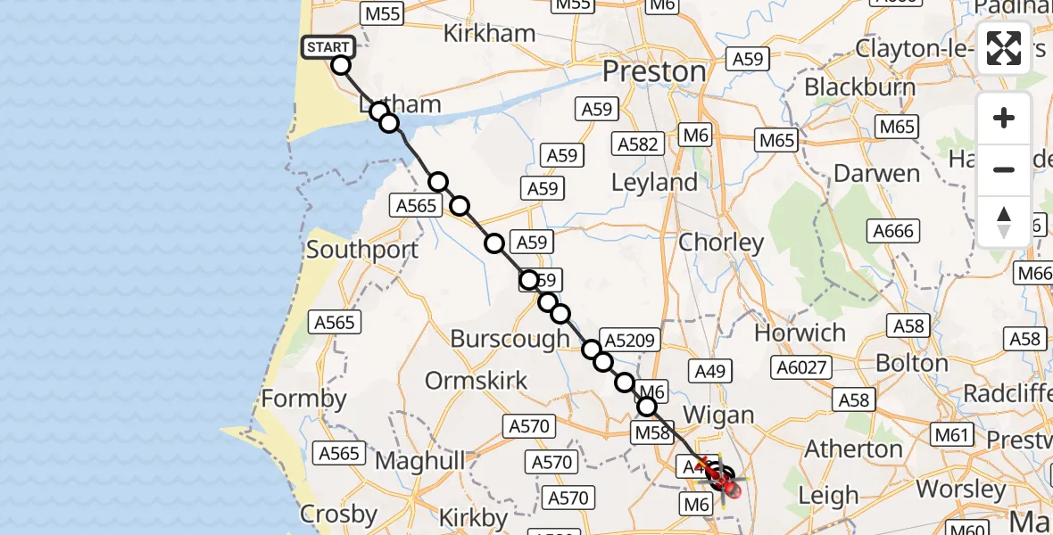 Flight route Air Ambulance Helicopter Blackpool Airport - Ashton-in-Makerfield, 20 September 2026, 11:33