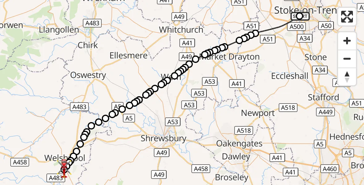 Flight route Air Ambulance Helicopter University Hospital North Staffs - Welshpool Airport, 20 September 2026, 11:34