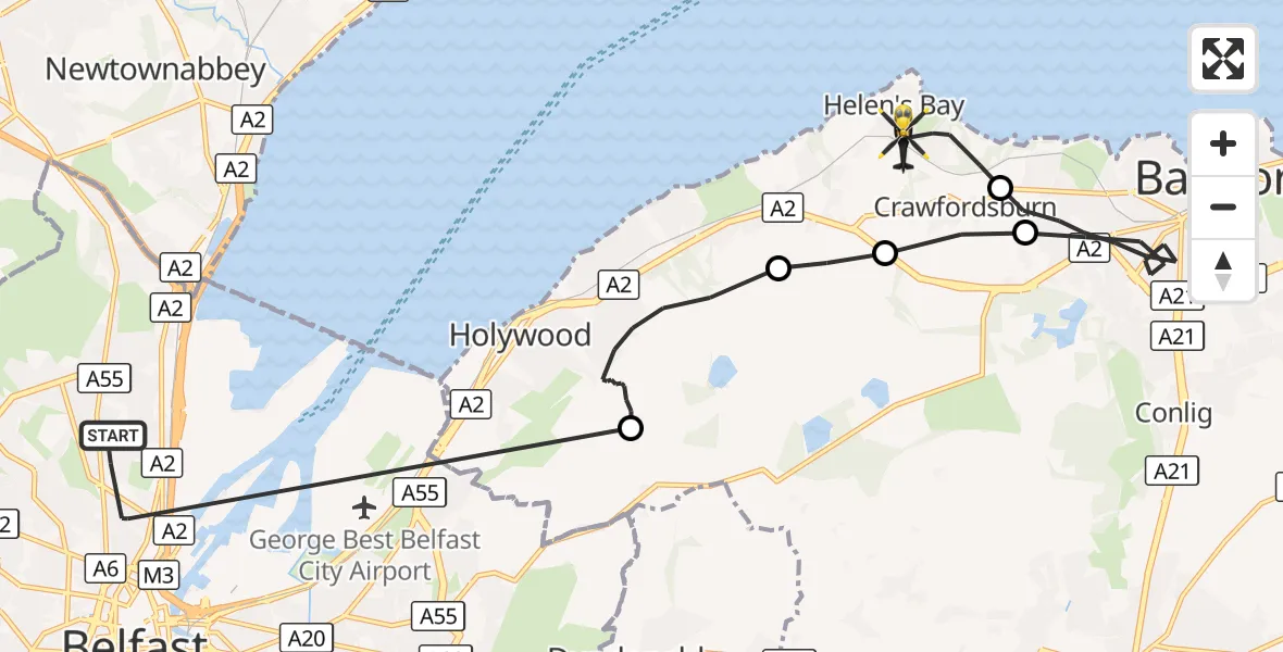 Flight route Police Helicopter Belfast City District - Crawfordsburn, 20 September 2026, 11:40