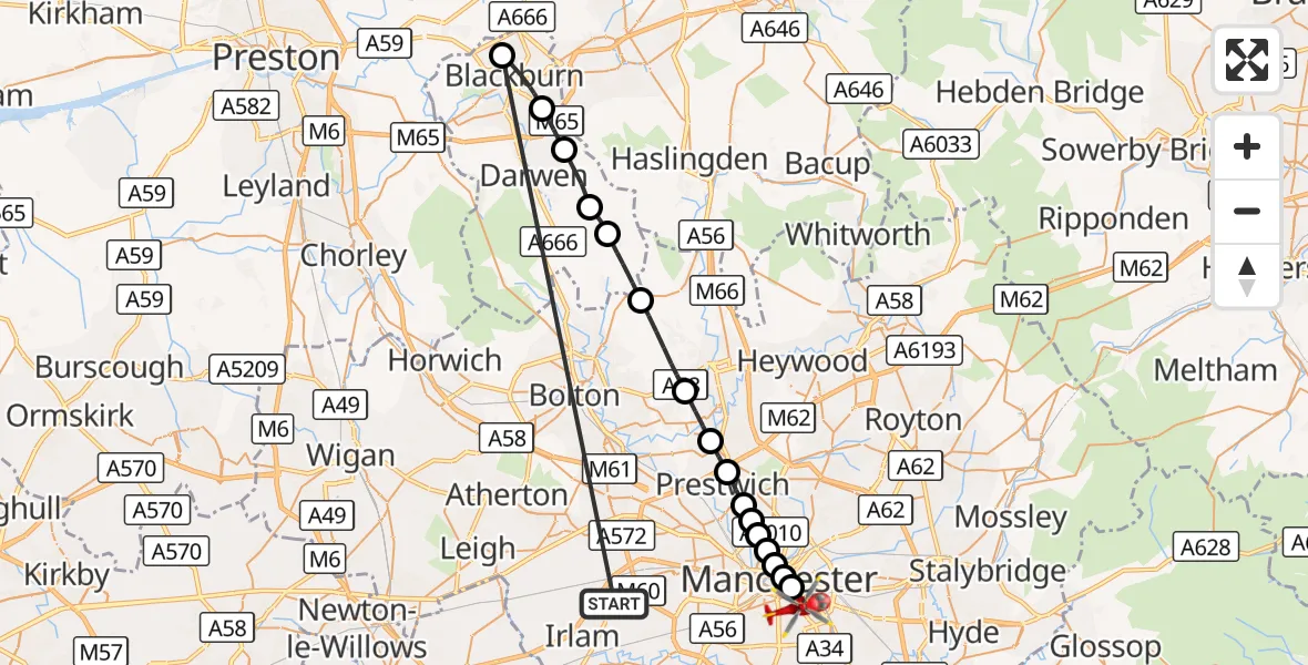 Flight route Air Ambulance Helicopter Manchester Barton Aerodrome - Chorlton-on-Medlock, 20 September 2026, 11:41