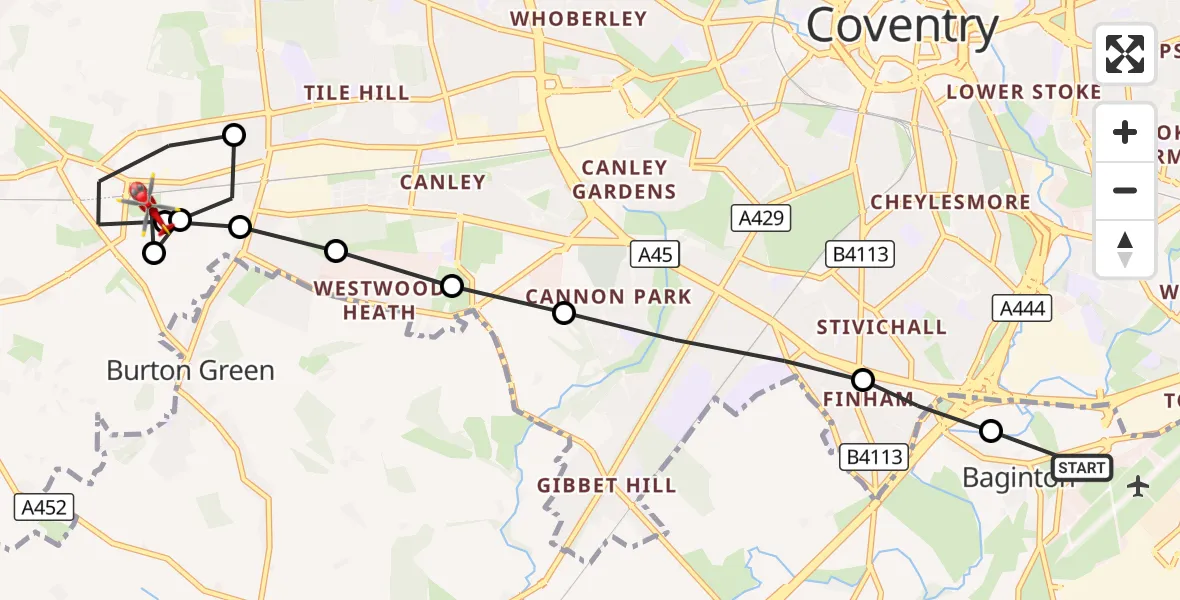 Flight route Air Ambulance Helicopter Coventry Airport - Solihull, 20 September 2026, 11:42