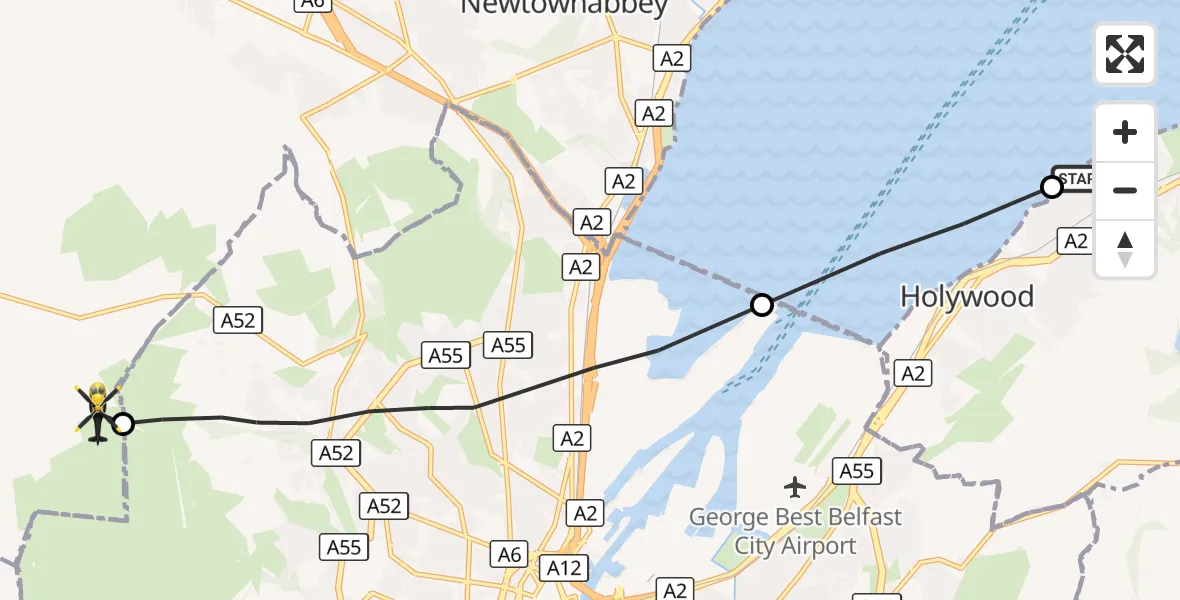 Flight route Police Helicopter Holywood - Antrim and Newtownabbey District, 20 September 2026, 11:56